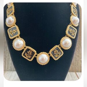 Vintage Anne Klein Gold, Pearl and Black Anchor Necklace